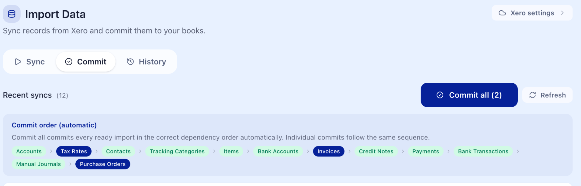 HeyBen Import Data — sync and commit Xero records with automatic dependency order