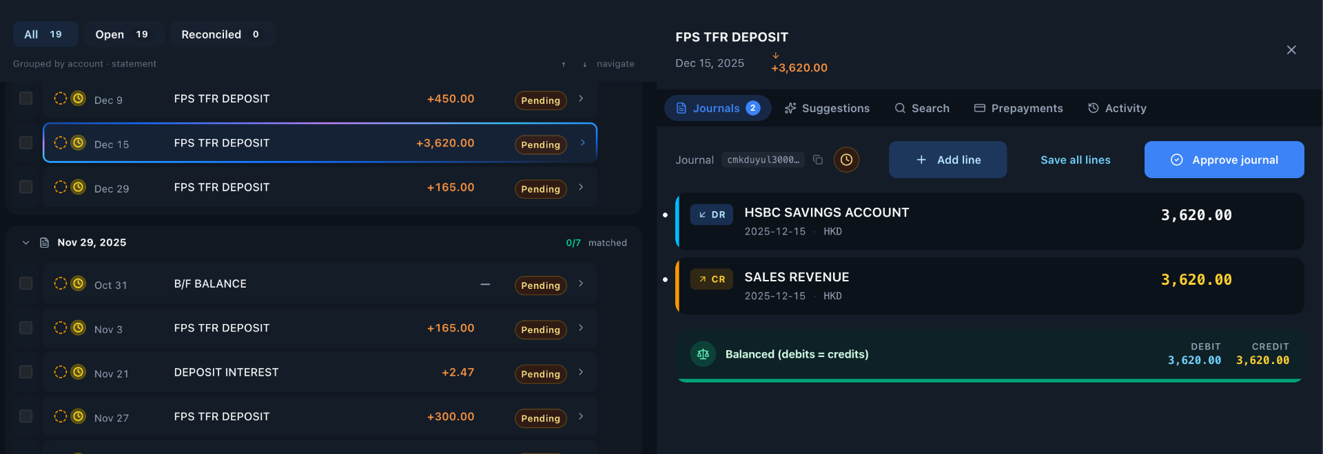 HeyBen bank reconciliation interface — FPS TFR DEPOSIT matched to HSBC Savings Account and Sales Revenue journal entries