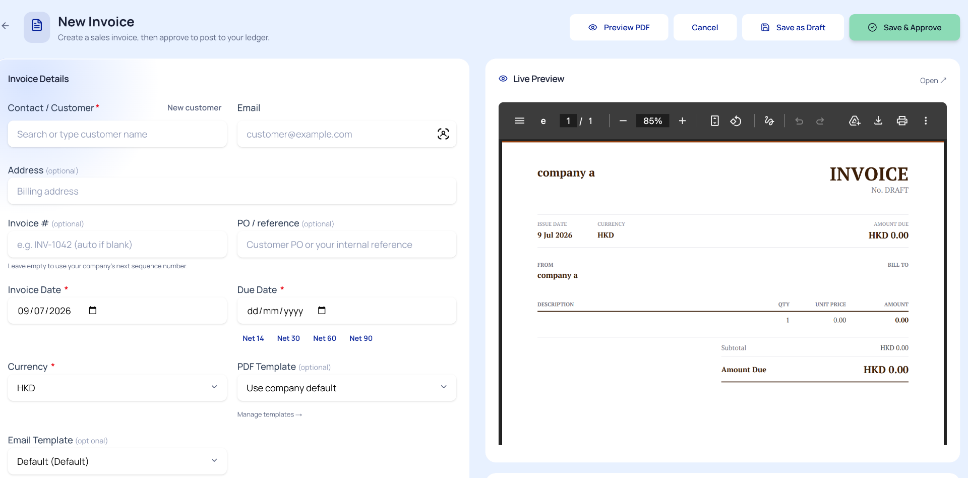 HeyBen create invoice screen — invoice details on the left, live PDF preview on the right